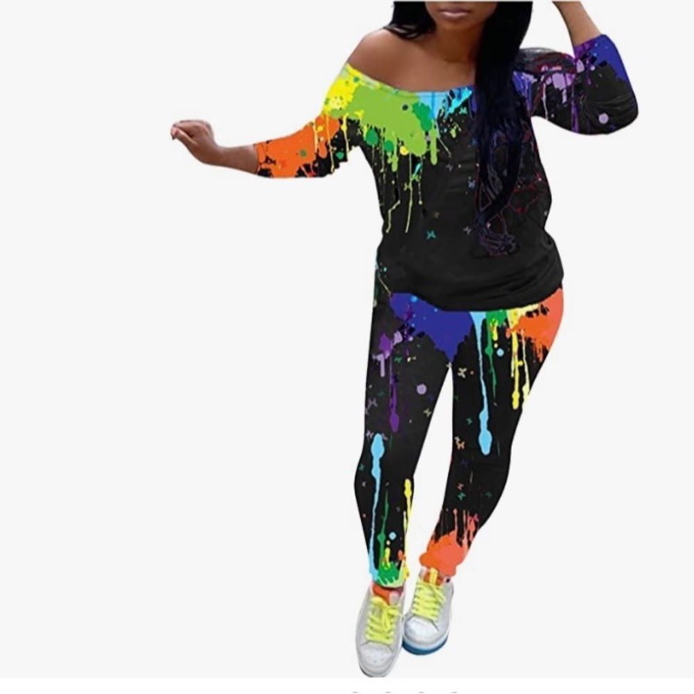Black 2 Piece Outfits Pants Set Long Sleeve Tie Dye Off The Shoulder Set​
